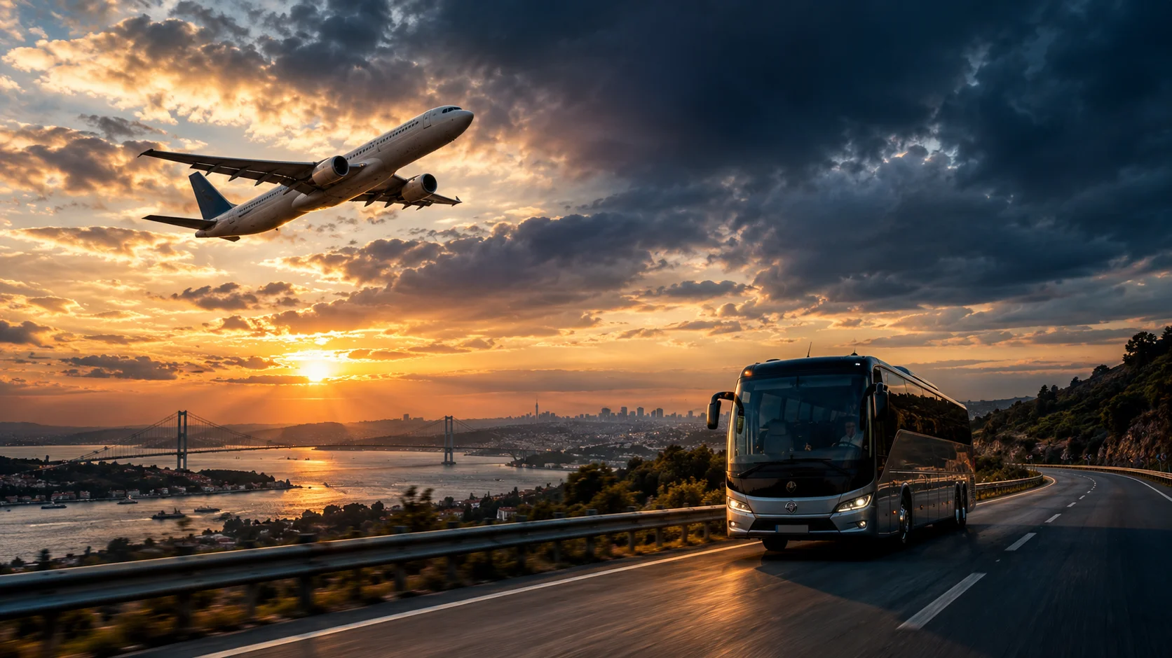 Gün Batımında Uçak ve Otobüs Yolculuğu